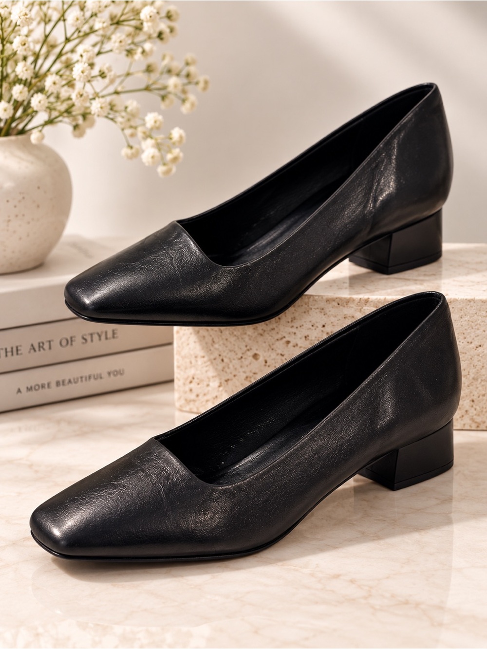 Etienne Aigner Twiggy Black Leather Square Toe Block Heel Pumps 8M Made In Spain